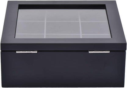 Wood Tea Storage Box, Teabag Storing 9 Compartments Wooden Tea Box Hinged Glass Lid Tea Organizer-Black