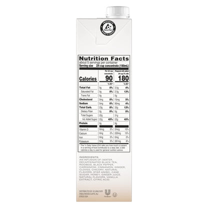 TAZO Decaf Chai Latte, Black Tea Concentrate, Easy-to-Serve Chai Tea for Everyday Lattes, Hot or Iced Tea and Mocktails, 32 oz Tea Mix Carton