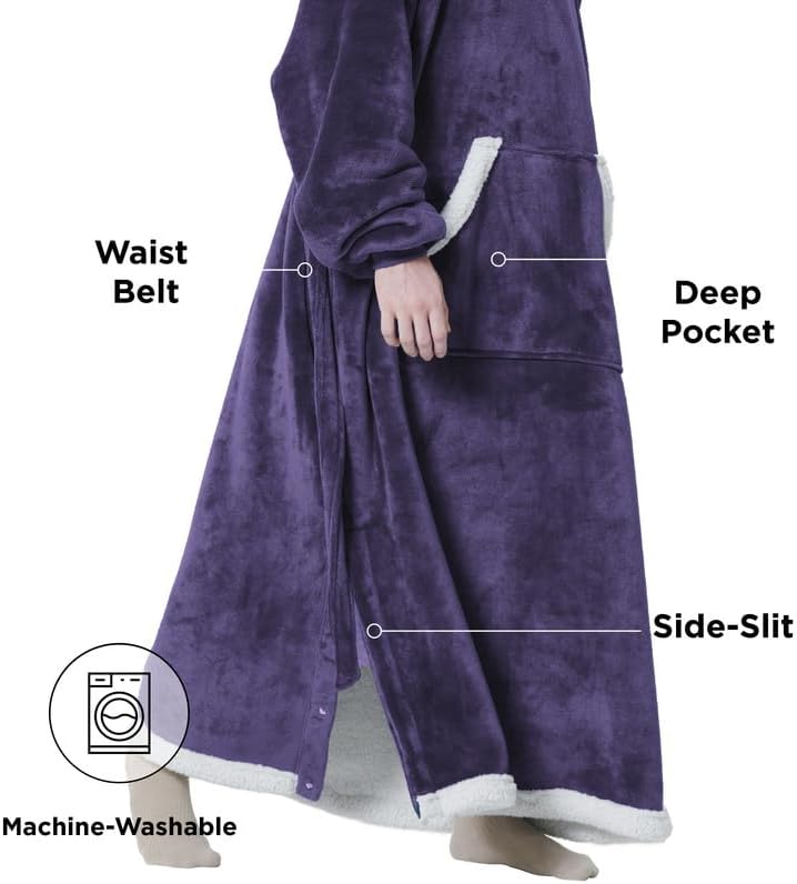 Bedsure Wearable Blanket Hoodie, Long Hooded Blanket Sweatshirt as Mothers Birthday Gifts for Women, Cozy Sherpa Hoodie for Adult, Standard, Grey