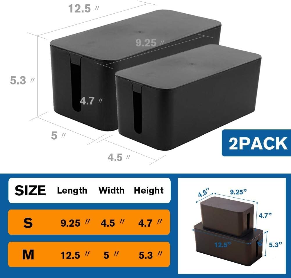 Cable Management Box Organizer, Pack of 2 Wire Concealer to Cover Hide Surge Protector & Power Strip on Desk Floor, with 5 Cord Fastening Tapes for Office, Home, Kitchen (Luxury Black)