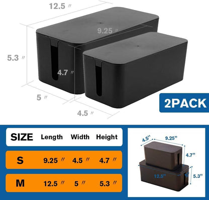 Cable Management Box Organizer, Pack of 2 Wire Concealer to Cover Hide Surge Protector & Power Strip on Desk Floor, with 5 Cord Fastening Tapes for Office, Home, Kitchen (Luxury Black)