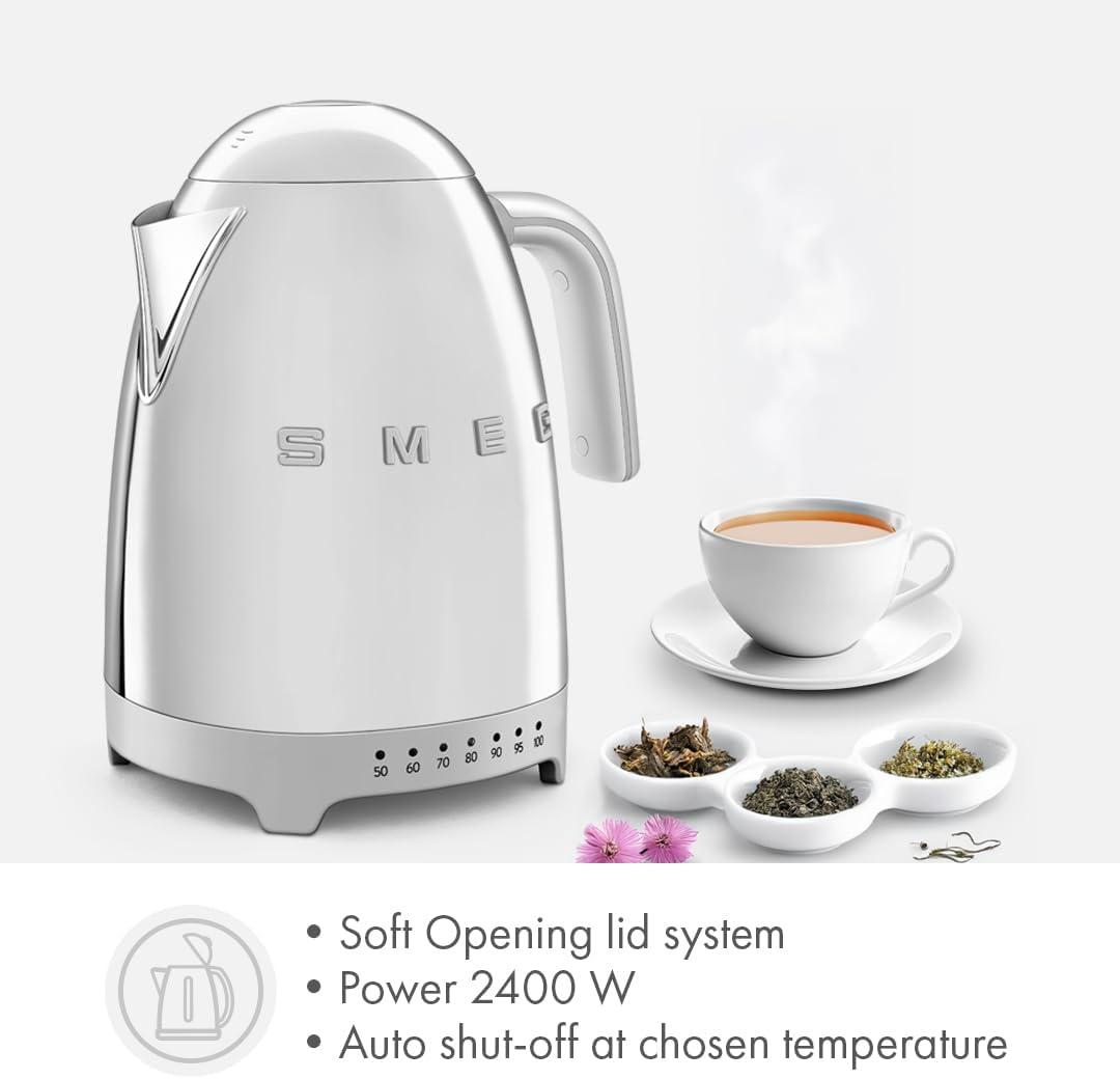 SMEG Variable Temperature Electric Kettle 1.7L (7 Cup), Stainless Steel Tea & Coffee Kettle, Fast Boil, Adjustable Temp 122°F–212°F, Keep Warm, Auto Shut-Off, 360° Base, Retro Style-Black