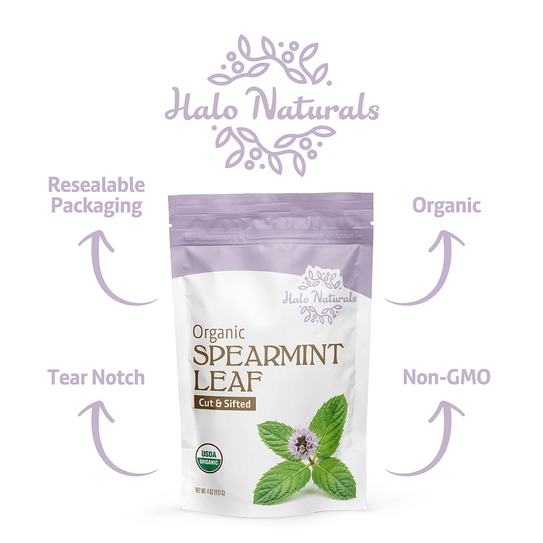 Halo Naturals Organic Spearmint Leaf Cut & Sifted, 4 Ounces (Mentha spicata) USDA Certified | Resealable Pouch| Packaged in The USA
