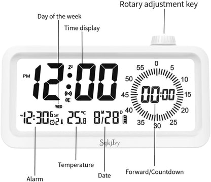 Visual Digital Timer for Kids with LCD Display,3-Level Adjustable Backlight,Temperature Date,Silent Operation,3 Alarms, Snooze,Type-C Charging for Kids Studying/Office/Sleeping/Kitchen(White)
