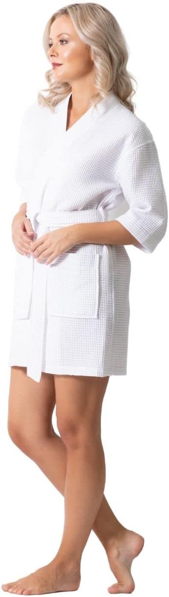 Turkish Linen Lightweight Waffle Knit Bath, Spa & Bridesmaids Kimono Short Robes for Women - Quick Dry & Soft