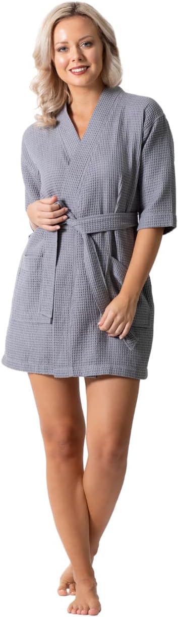 Turkish Linen Lightweight Waffle Knit Bath, Spa & Bridesmaids Kimono Short Robes for Women - Quick Dry & Soft