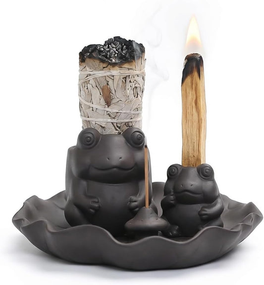ChangWanna Frog Incense Stick Holder - Ceramic Insence Burner Ash Catcher, Insense Stand with 45 Sandalwood Sticks, Ornament for Aromatherapy/Yoga/Meditation/Home Living Room Office Decor