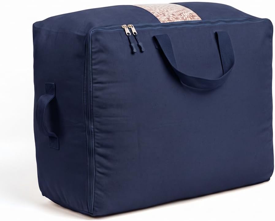 Soft Canvas Storage Bags with Zipper. Thick Breathable, 2pc King/Queen Comforter Organizer. Four Carrying Handles and Window. Large 25x19x9in Bag for Sheets Blankets Bedding Pillows, Clothes