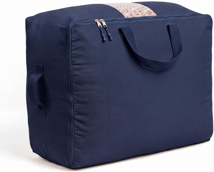 Soft Canvas Storage Bags with Zipper. Thick Breathable, 2pc King/Queen Comforter Organizer. Four Carrying Handles and Window. Large 25x19x9in Bag for Sheets Blankets Bedding Pillows, Clothes