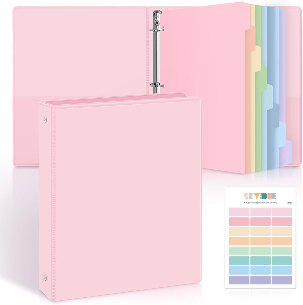 SKYDUE 1 Inch 3 Ring Binder with 8 Tab Dividers & 24 Labels, Pastel Binder Organizer for Letter Size Paper, Aesthetic School Binder for Notes, Documents, Office & Home Organization, Purple