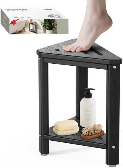 Shower Foot Rest 15in, HDPE Waterproof Shower Stool for Inside Shower, Corner Shower Stool for Shaving Legs with Storage Shelf for Small Space, Shower Step Stool, Plastic Corner Shower Bench, White