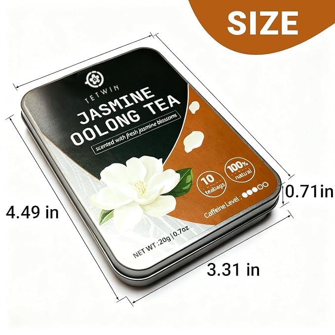 Jasmine Oolong Tea Loose Leaf, 10ct Teabags, Tie Guan Yin with 3-Round Jasmine Scenting, Plant-based tea bag, Resuable Pocket Tin