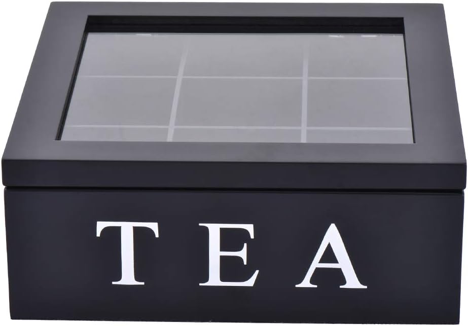Wood Tea Storage Box, Teabag Storing 9 Compartments Wooden Tea Box Hinged Glass Lid Tea Organizer-Black