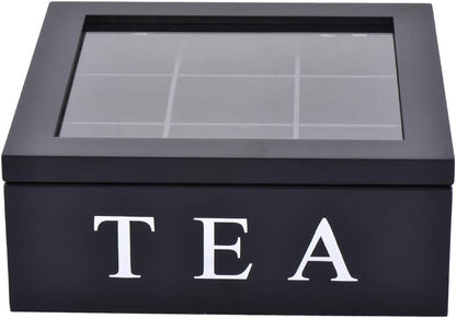 Wood Tea Storage Box, Teabag Storing 9 Compartments Wooden Tea Box Hinged Glass Lid Tea Organizer-Black
