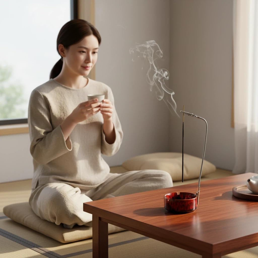 Modern Incense Holder with Flexible Metal Stand, Silver Ash Collector Base, Minimalist Design for Home Meditation and Aromatherapy. (Black + Clip)