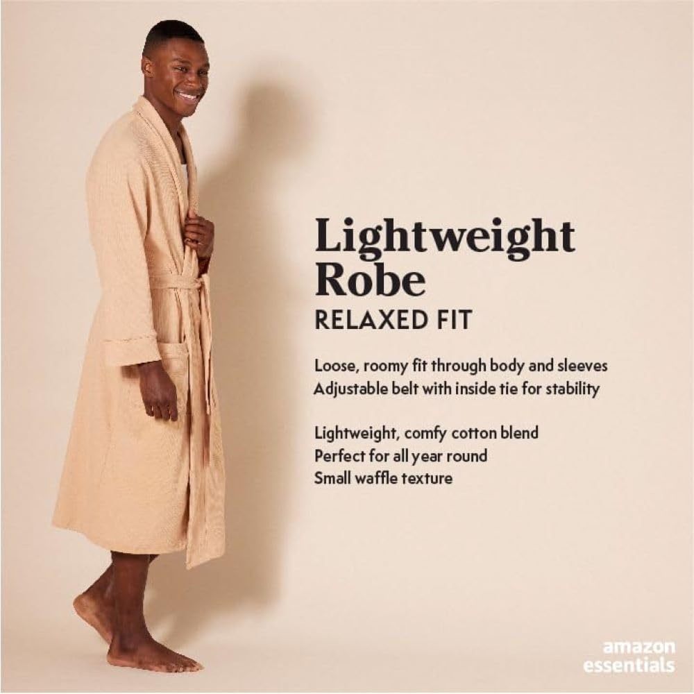 Amazon Essentials Men's Lightweight Cotton Waffle Bathrobe (Available in Big & Tall)