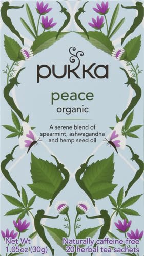 Pukka Organic Peace Herbal Tea with Spearmint, Ashwagandha, and Hemp Seed Oil, Caffeine Free, 20 Total Tea Bags (Pack of 2)