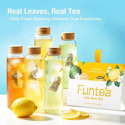 FUNTEA Cold Brew Fruit Tea Sampler, Caffeine-Free Unsweetened Fruit Herbal Blends, 5 Flavors Variety Pack, Individually Wrapped Tea Bags, Fruity Iced Tea, 10 Count (Pack of 1)