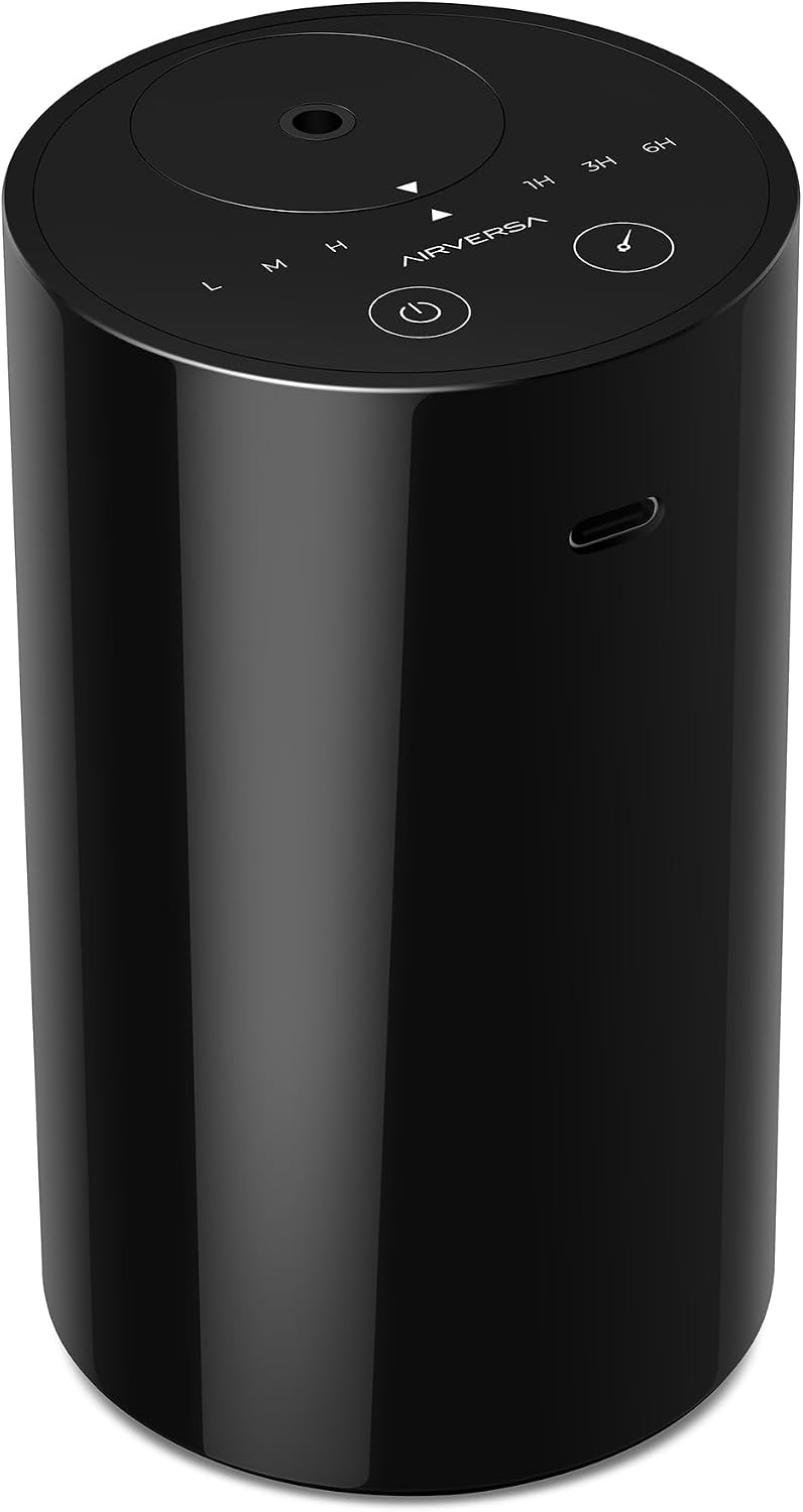 Airversa Waterless Essential Oil Diffuser Starter Kit with 4 x 10mL Hotel Scent Fragrance Oil, Battery Operated Mini Scent Air Machine Portable Diffuser for Home Car Office, AN8 Kit Black