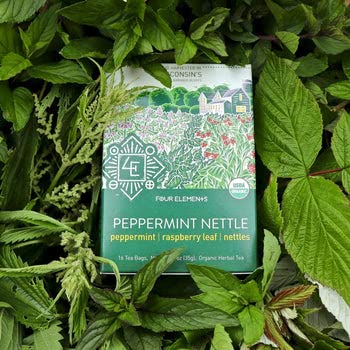 Four Elements 4E Peppermint Nettle Tea, Blended with Peppermint, Raspberry Leaf and Nettles, 100% Organic Herbal Tea, 16 Teabags, 1.2 OZ