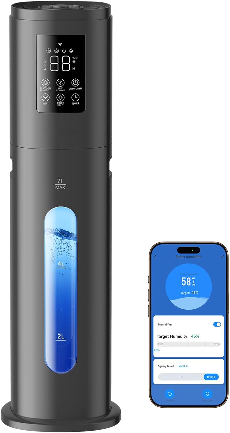 Humidifiers for Bedroom Large Room Humidifiers for Home,7L/1.85Gal Large Humidifier with Smart App & Remote Control, 4 Mist Levels Cool Mist Humidifiers Black
