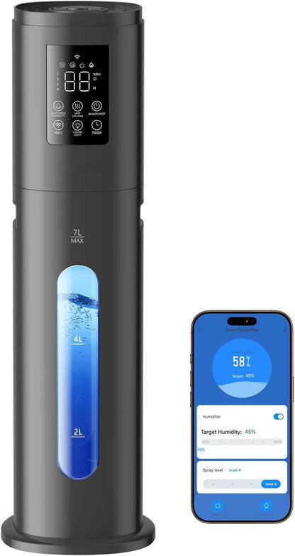 Humidifiers for Bedroom Large Room Humidifiers for Home,7L/1.85Gal Large Humidifier with Smart App & Remote Control, 4 Mist Levels Cool Mist Humidifiers Black