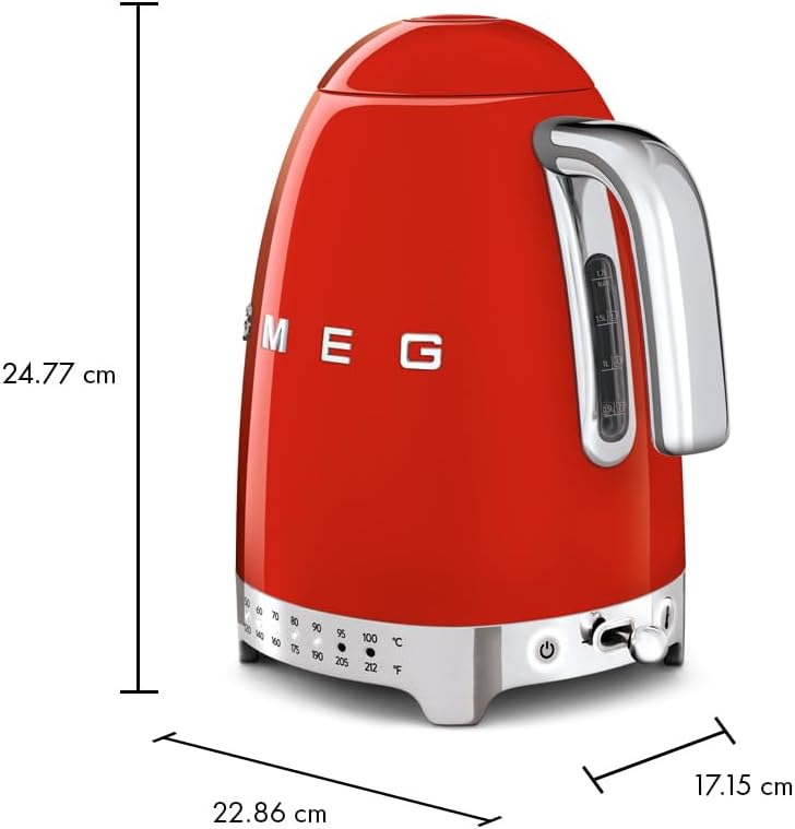 SMEG Variable Temperature Electric Kettle 1.7L (7 Cup), Stainless Steel Tea & Coffee Kettle, Fast Boil, Adjustable Temp 122°F–212°F, Keep Warm, Auto Shut-Off, 360° Base, Retro Style-Black