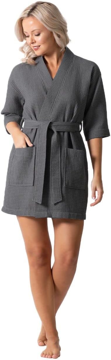 Turkish Linen Lightweight Waffle Knit Bath, Spa & Bridesmaids Kimono Short Robes for Women - Quick Dry & Soft