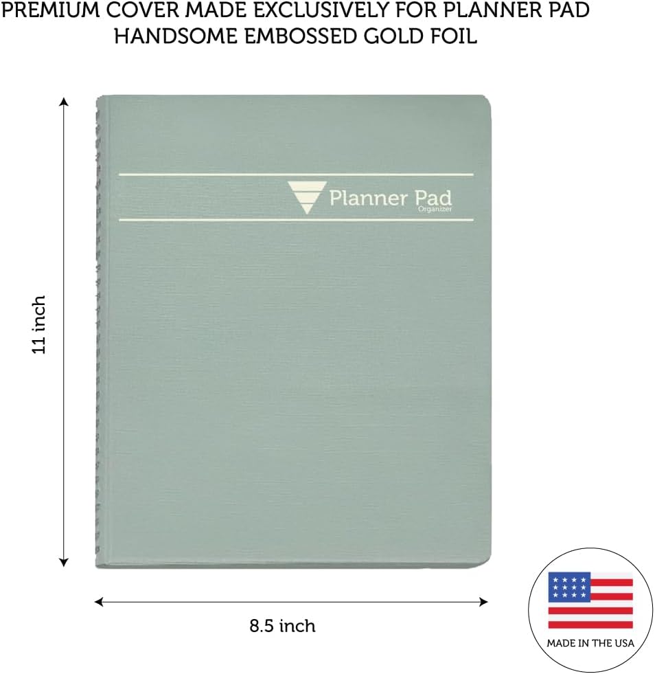 Planner Pad Spiral Bound July 2026 – June 2027 / Academic Year 8 1/2" x 11" Large 3-Tier Funnel Down 12 Month/Weekly Size Organizer, Greenish Grey Cover/Soft Green Ink