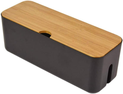 Cable Management Box with Bamboo Lid, Small Power Strip Organizer, Black