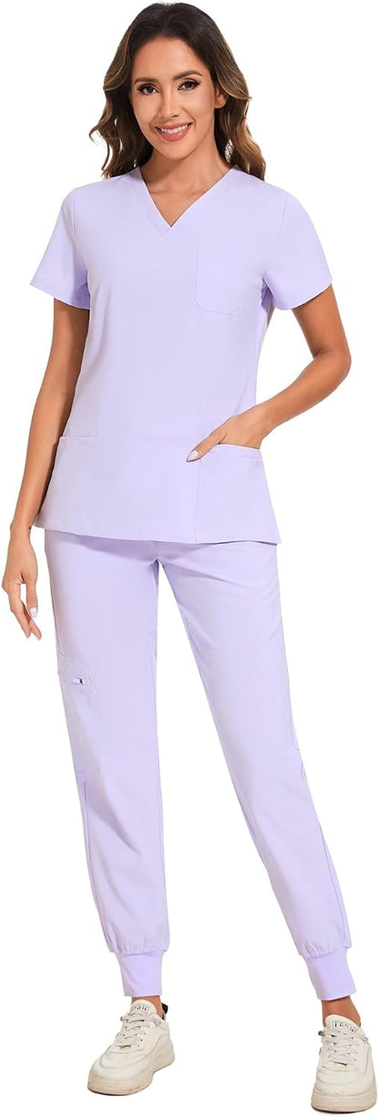 COZYFIT Scrubs for Women Set - Stretch V-Neck Scrub Top & Jogger Pant with 8 Pockets COZY SCRUBS - Colors B