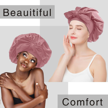 VECIIR Silk Bonnet for Sleeping Women, Ajustable Hair Bonnet for Curly Hairs Satin Bonnet Reduce Friction Prevent Frizz Black，Large