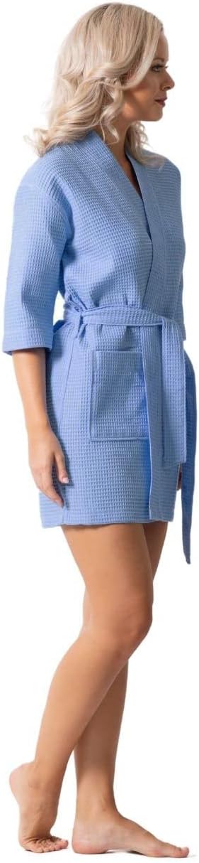 Turkish Linen Lightweight Waffle Knit Bath, Spa & Bridesmaids Kimono Short Robes for Women - Quick Dry & Soft