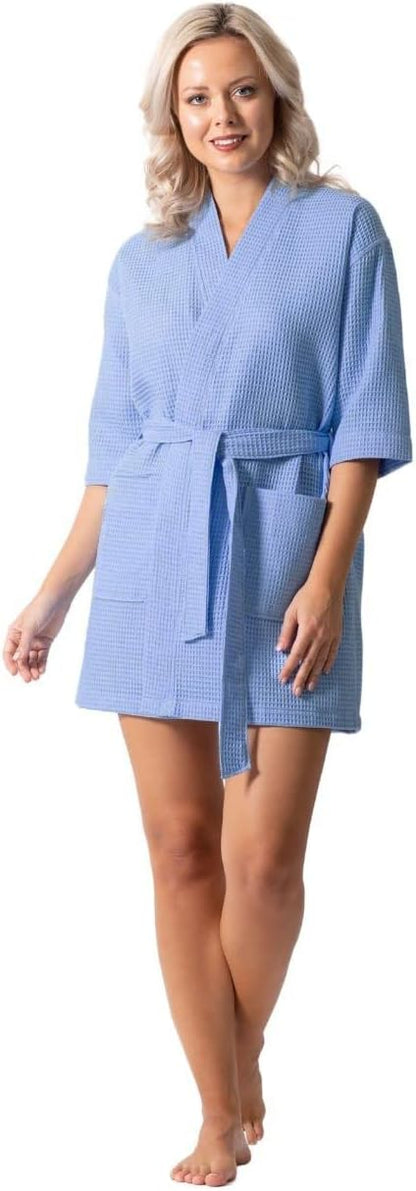 Turkish Linen Lightweight Waffle Knit Bath, Spa & Bridesmaids Kimono Short Robes for Women - Quick Dry & Soft
