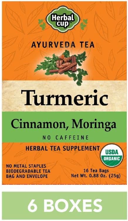 Herbal Cup Ayurveda Turmeric Tea, Organic Cinnamon Moringa, No Caffeine Herbal Supplement (16 Count, Pack of 6)