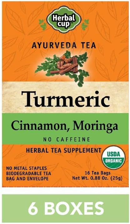 Herbal Cup Ayurveda Turmeric Tea, Organic Cinnamon Moringa, No Caffeine Herbal Supplement (16 Count, Pack of 6)