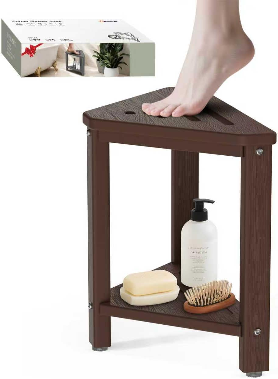 Shower Foot Rest 15in, HDPE Waterproof Shower Stool for Inside Shower, Corner Shower Stool for Shaving Legs with Storage Shelf for Small Space, Shower Step Stool, Plastic Corner Shower Bench, White