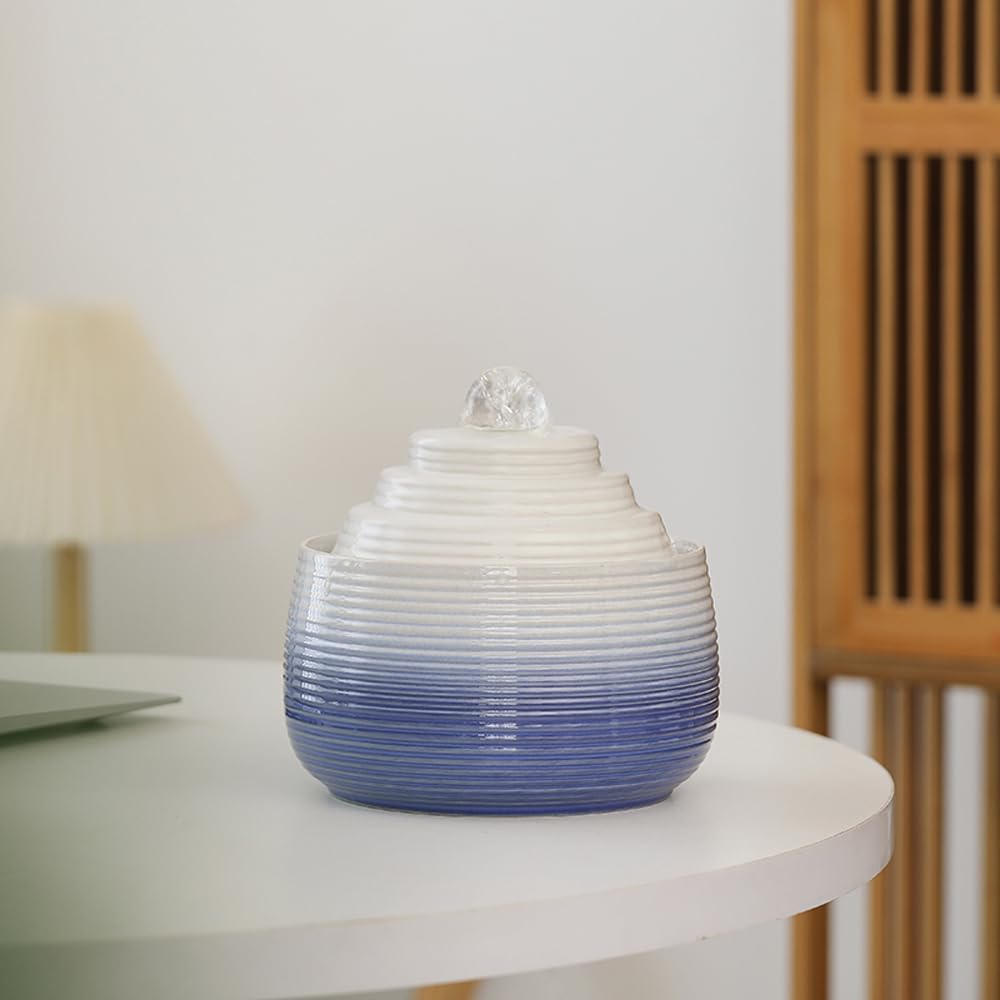 Indoor and Outdoor Fountain Water Feature Fall Ceramic Home Office Decoration mini Tabletop Desktop (Blue with Ball S093)