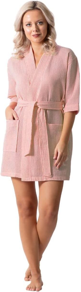 Turkish Linen Lightweight Waffle Knit Bath, Spa & Bridesmaids Kimono Short Robes for Women - Quick Dry & Soft