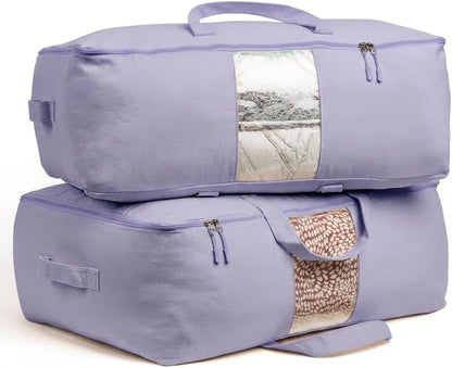 Soft Canvas Storage Bags with Zipper. Thick Breathable, 2pc King/Queen Comforter Organizer. Four Carrying Handles and Window. Large 25x19x9in Bag for Sheets Blankets Bedding Pillows, Clothes