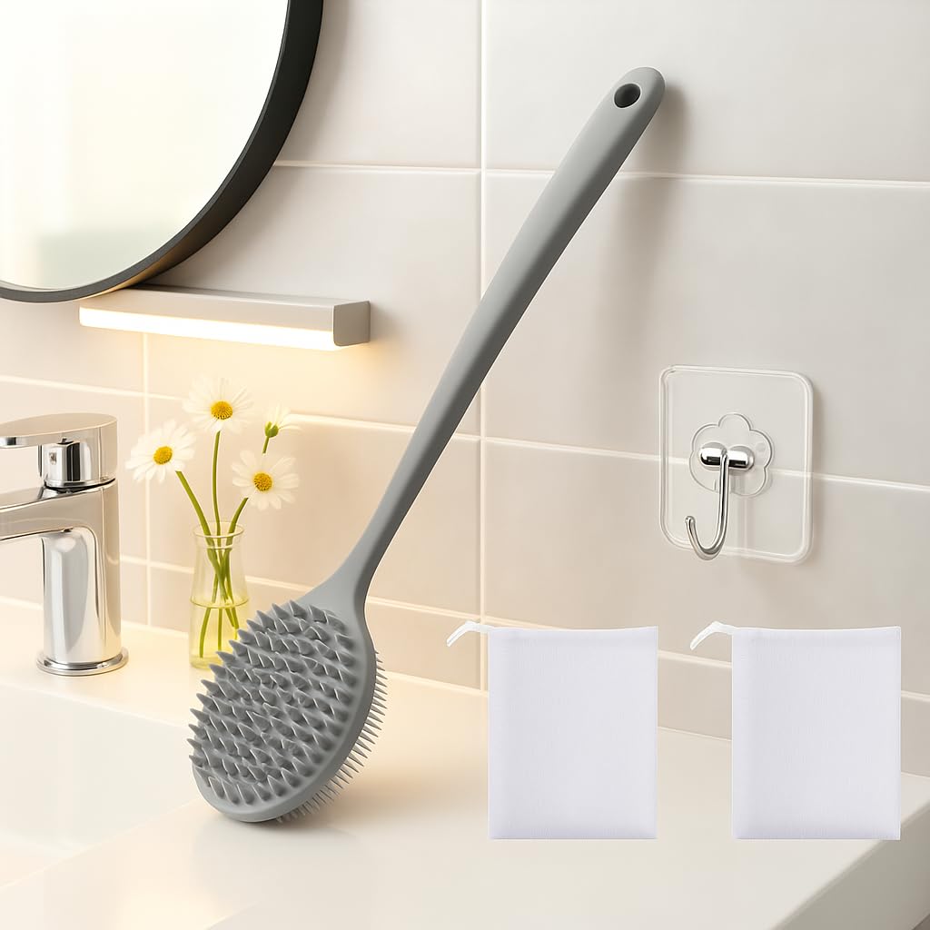 Silicone Body Scrubber for Shower Men Women – Dual-Sided Exfoliating & Massage Shower Brush with Long Handle, Creates Rich Lather, Includes 1 Hook & 2 Lather Balls (Black).