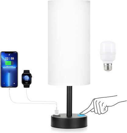 Dicoool Touch Table Lamp for Bedroom, 3 Way Dimmable Bedside Lamp with USB C & A Charging Ports - Small Desk Lamp for Dorm Room, College, Kids, Office, Living Room, White