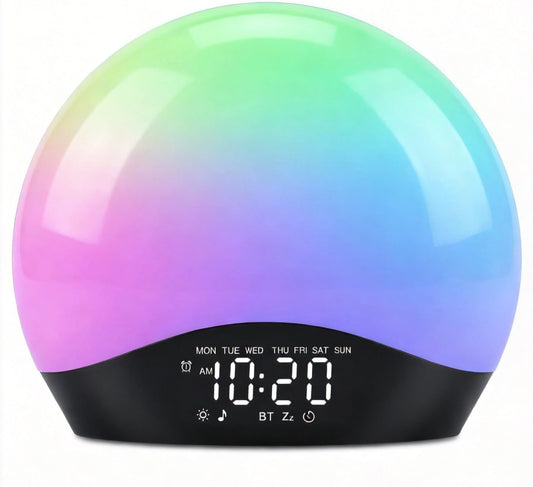 JALL Full Screen Dimmer Sunrise Alarm Clocks for Bedrooms, Wake Up Light with FM Radio, 25 White Noise Sleep Sounds, Bluetooth Speaker, Dual Alarms Bedside Clock for Heavy Sleepers