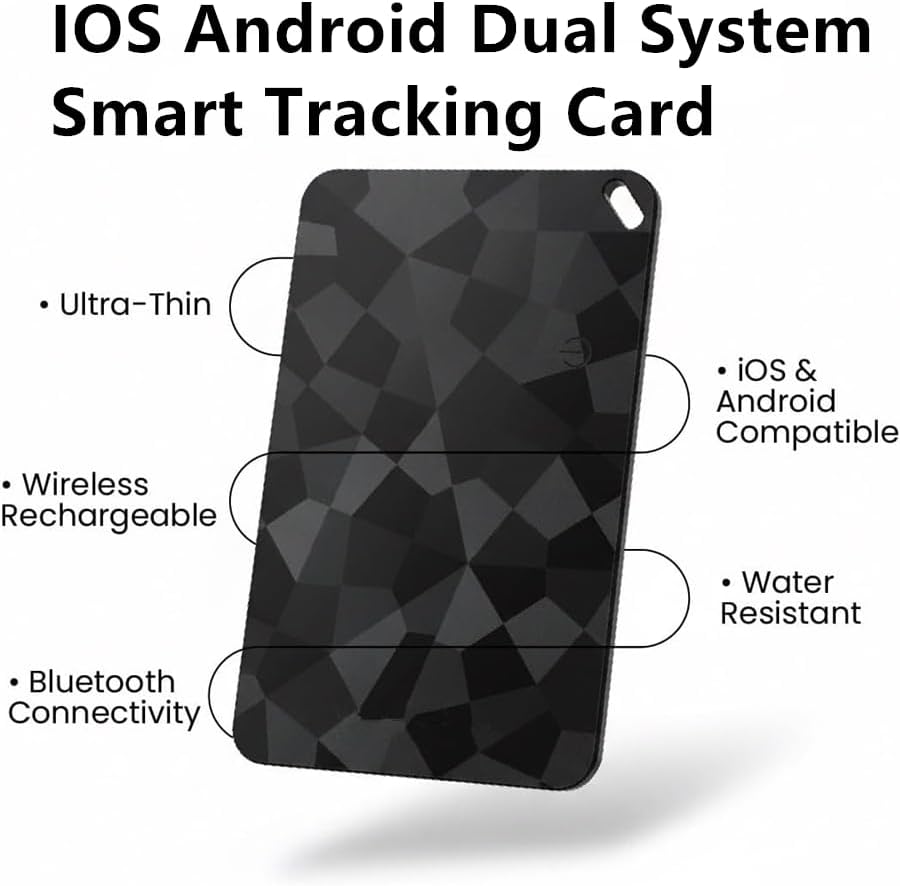 Ultra-Thin Smart Tracking Card, iOS and Android Compatible, Bluetooth Wireless Rechargeable, Water Resistant, Wallet Finder with Geometric Black Design