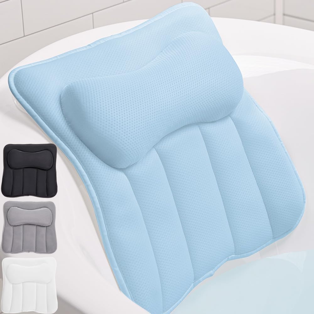 GORILLA GRIP Bath Pillow for Tub, 6 Strong Suction Cups, 4D Mesh FlexComfort Headrest for Neck, Head and Back Support, Luxury Machine Washable Pillows, Bathtub Accessories, Spa Gifts for Women, White