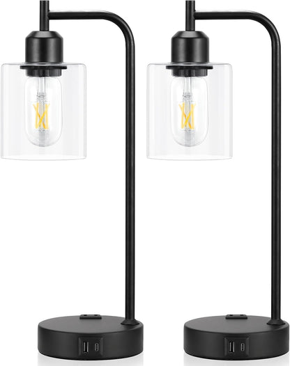 Industrial Touch Table Lamps for Bedrooms Set of 2 - 3-Way Dimmable Nightstand Lamps with USB C+A Ports and Outlet, Black Bedside Lamps with Glass Shade for Living Room, Desk Lamps for Home Office