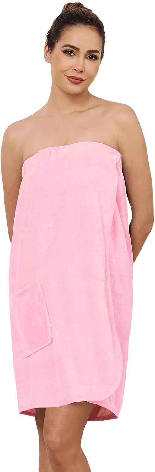 AMVELOP Womens Knee Length Wrap Towel,Button Bath Robe Adjustable Closure,Lightweight Spa Bathrobes With Pocket