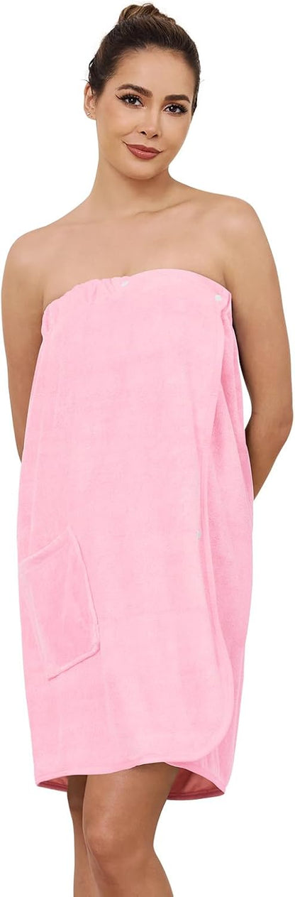 AMVELOP Womens Knee Length Wrap Towel,Button Bath Robe Adjustable Closure,Lightweight Spa Bathrobes With Pocket