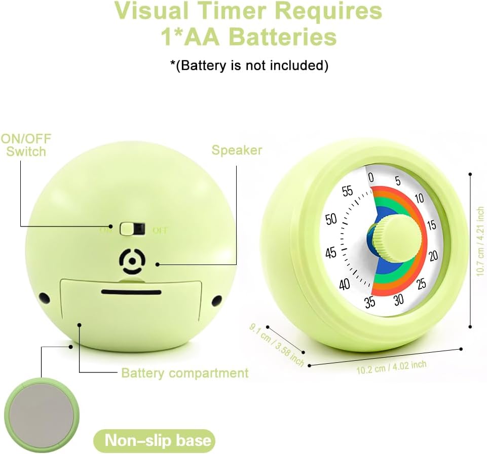 Visual Timer for Kids & Adults, 60 Minute Rainbow Countdown Timer, Time Management Tool for Classroom, Home, Kitchen, Office, School (Green-Round-Rainbow)