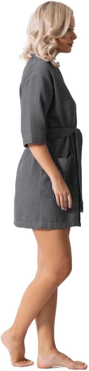 Turkish Linen Lightweight Waffle Knit Bath, Spa & Bridesmaids Kimono Short Robes for Women - Quick Dry & Soft